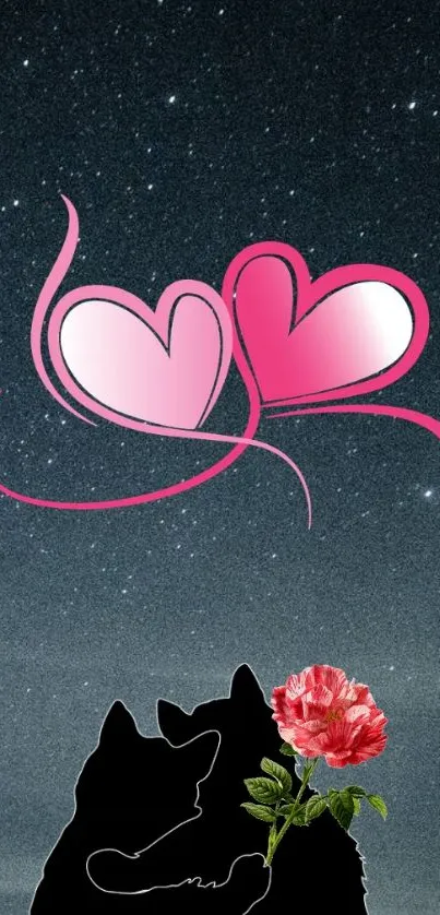 Romantic wallpaper with cats, hearts, and starry sky.