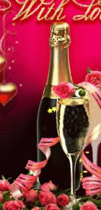 A romantic wallpaper with champagne, roses, and hearts on a magenta background.