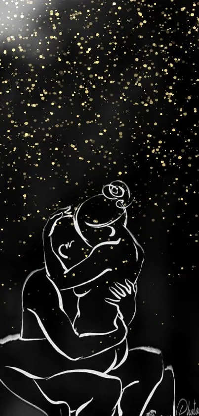 Artistic romantic silhouette under a starlit sky on mobile wallpaper.