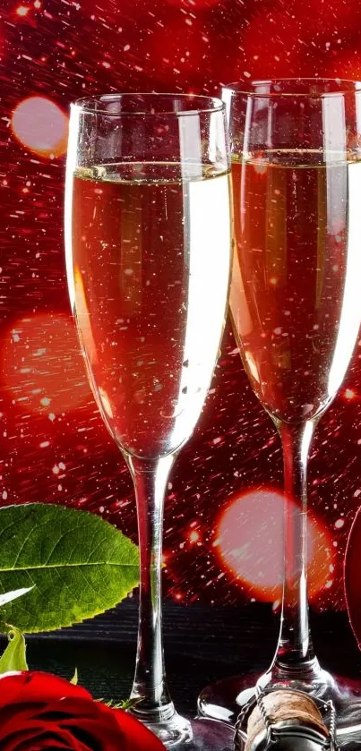 Romantic champagne with red rose and heart candies wallpaper.