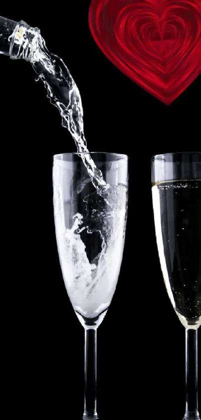 Champagne glasses with a red heart on a black background wallpaper.