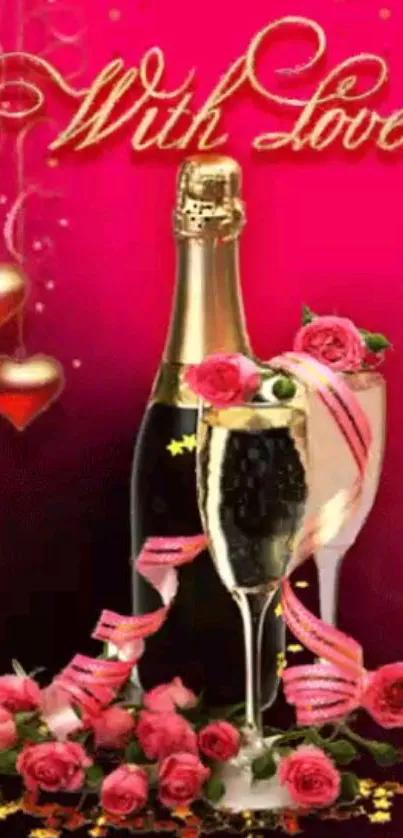 Romantic wallpaper with champagne and roses against a pink background.