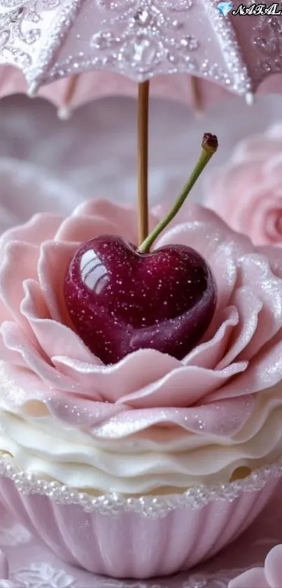 Heart-shaped cherry on pink cupcake with floral details.