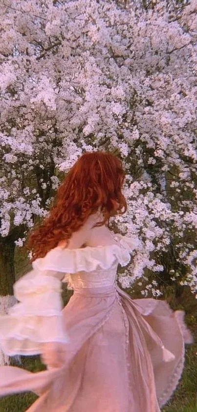 Woman in vintage dress near cherry blossoms.