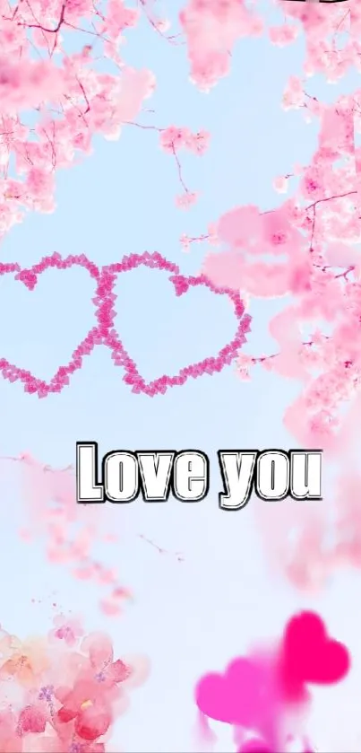 Romantic cherry blossom wallpaper with pink hearts and 'Love you' message.