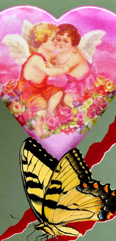 Cherubs inside a pink heart with a butterfly.