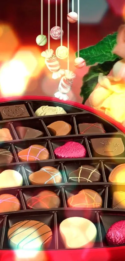 Heart-shaped chocolate box with roses in romantic red setting.