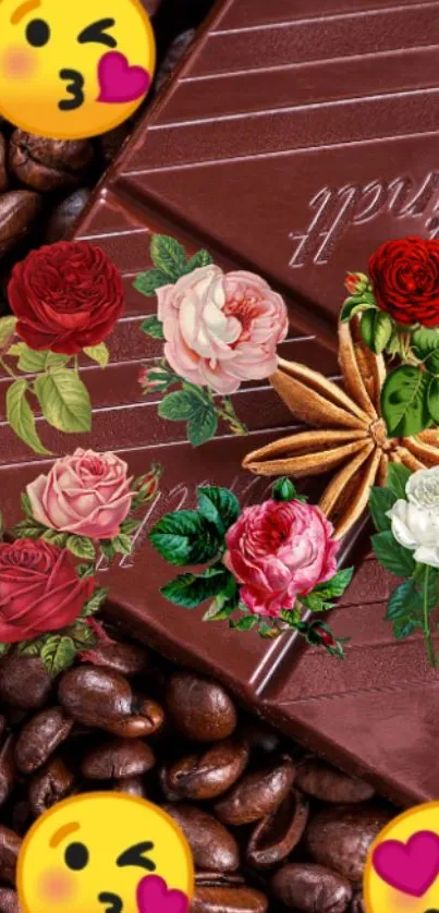 Wallpaper with chocolate and roses featuring fun emojis and a romantic theme.