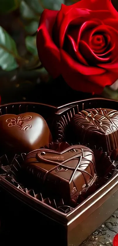 Heart-shaped chocolates with a red rose.