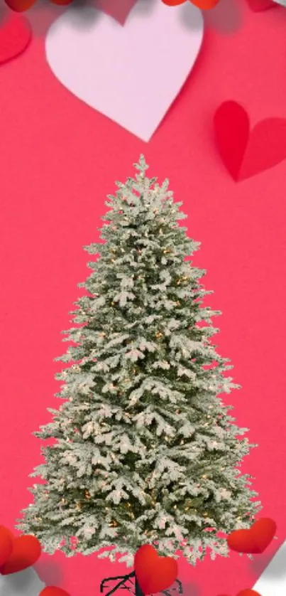 Christmas tree with hearts on a pink background, romantic holiday wallpaper.