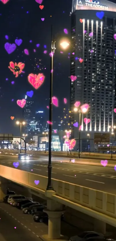 Vibrant heart visuals over city nightscape mobile wallpaper.