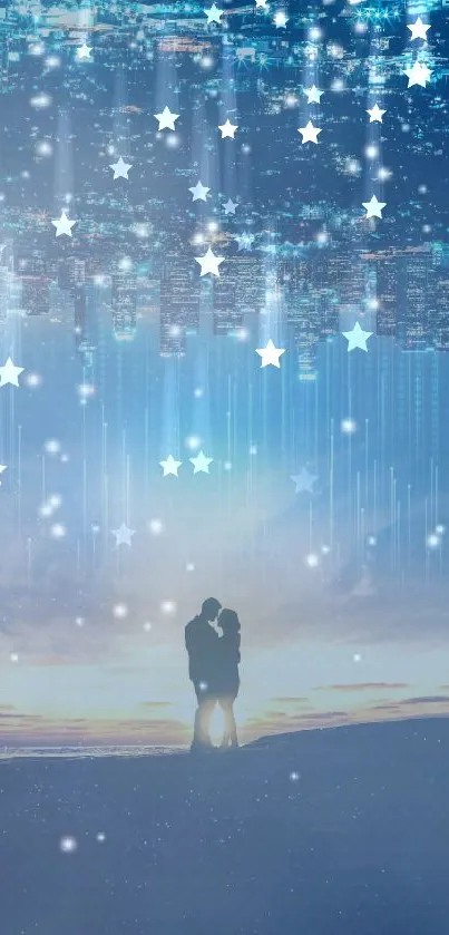 Romantic couple silhouette against a dreamy, blue cityscape at twilight.