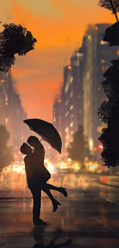 Romantic couple embracing under umbrella during sunset with city backdrop.