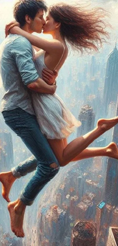 Couple embracing above a cityscape, flying.