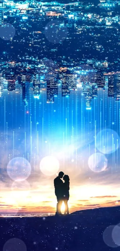 Silhouetted couple against a futuristic cityscape at night.