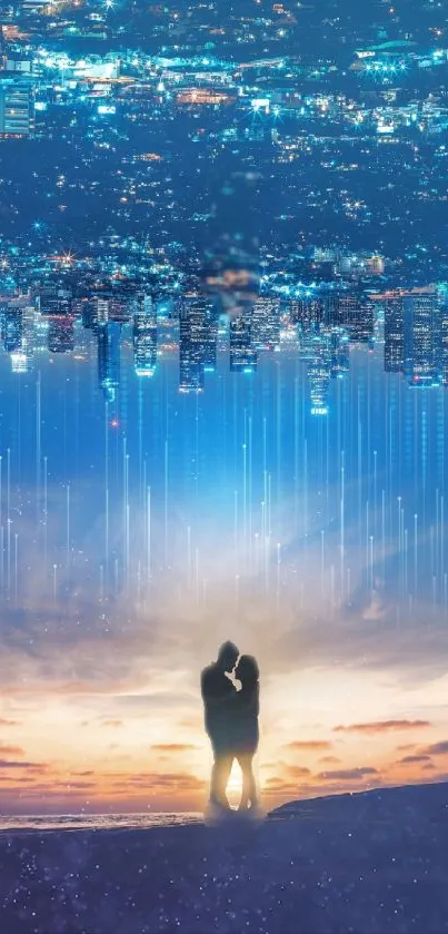 Romantic silhouette couple with cityscape and dreamy sky.