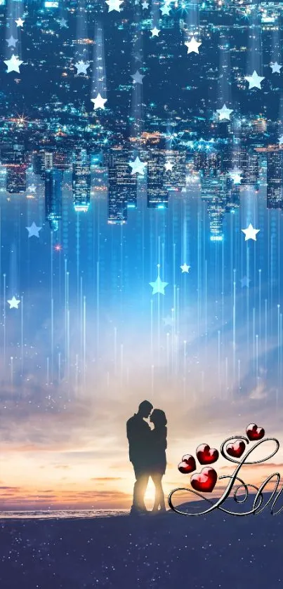 Romantic couple silhouette under starry city skyline.