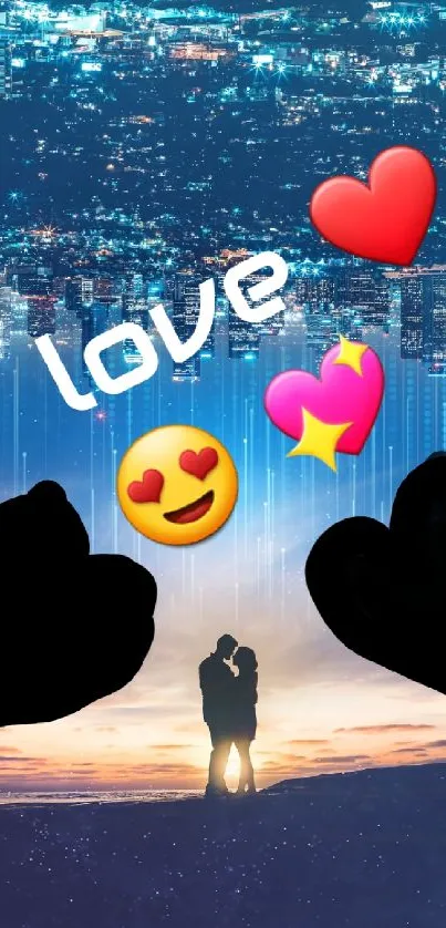 Romantic cityscape with love emojis and couple silhouette.