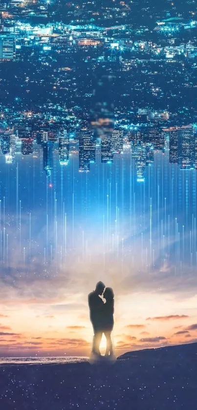 Silhouetted couple with city lights in background.