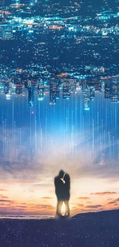 Romantic couple with cityscape and night sky in mobile wallpaper.