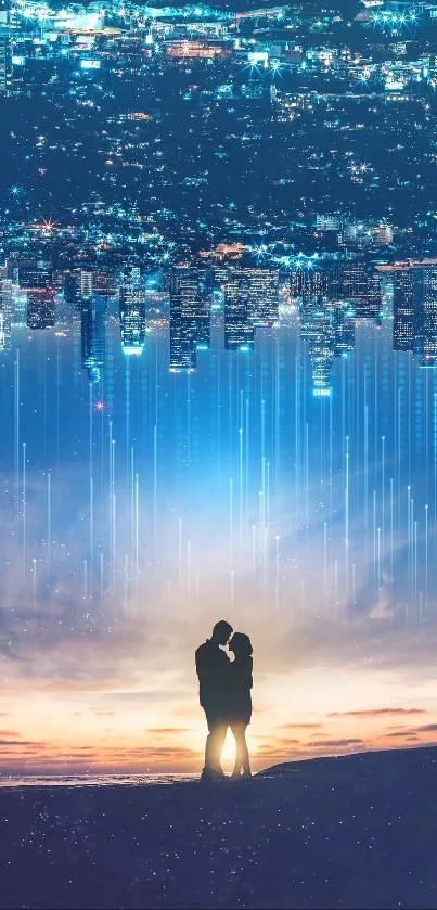 Couple silhouetted against a dreamy cityscape with a sunset sky backdrop.