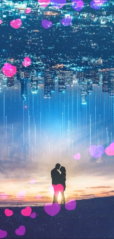 Romantic couple with cityscape reflection and starry sky.