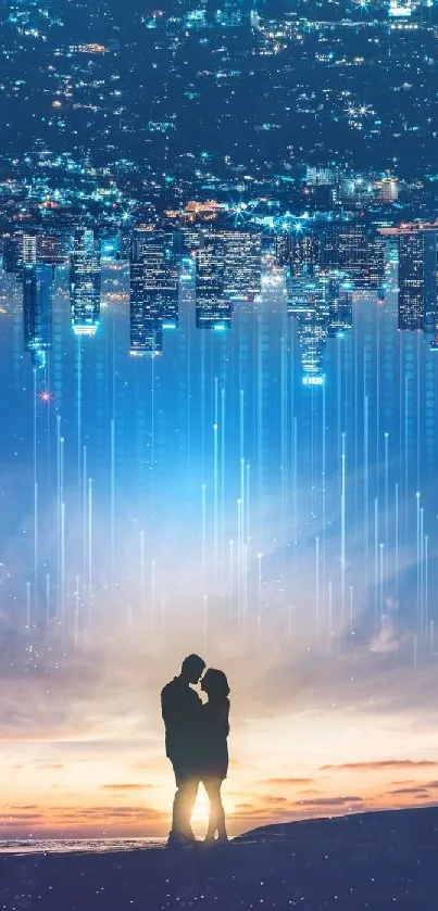 Silhouetted couple with cityscape and starry sky background.