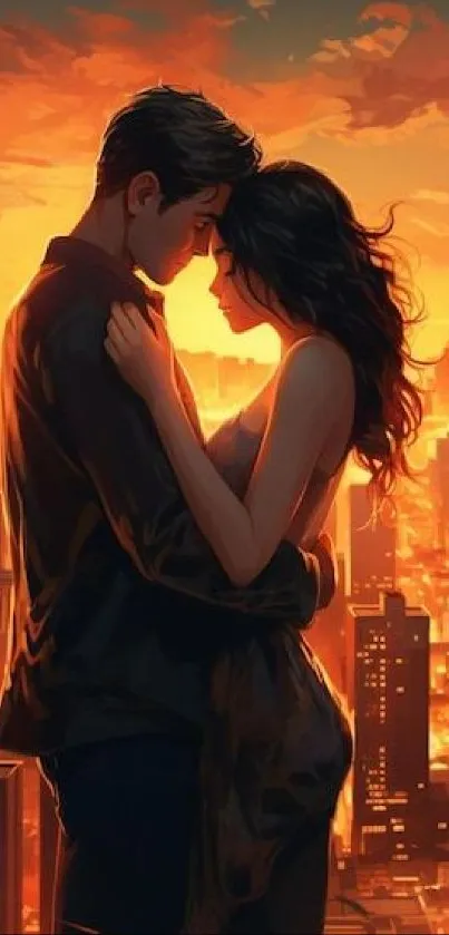 Couple embracing against a vibrant sunset cityscape.
