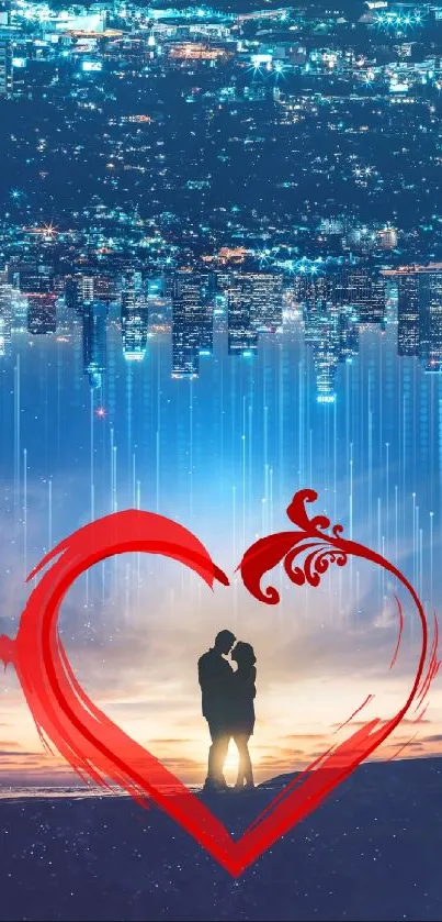 A romantic cityscape wallpaper with a couple in a heart and vibrant blue skyline.