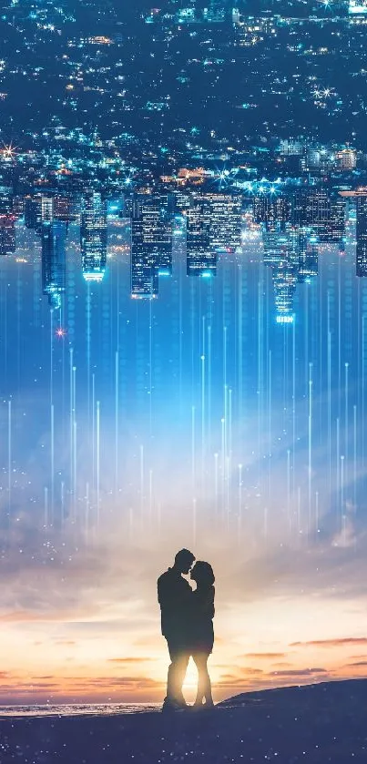 Romantic cityscape with couple silhouette and starry sky.