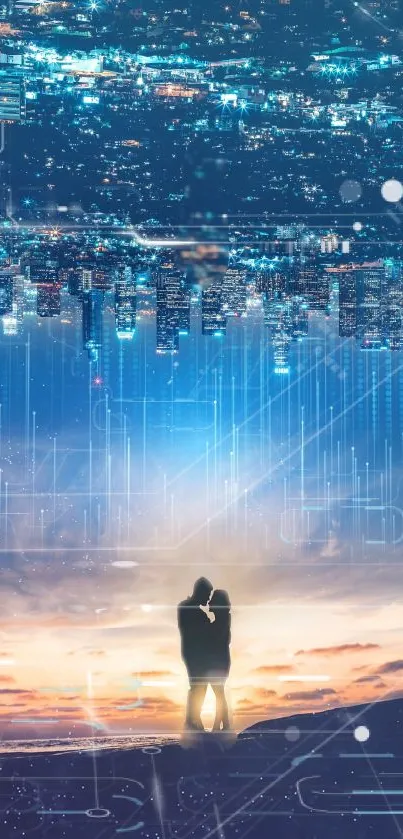 Couple silhouette with cityscape and digital elements at sunset.