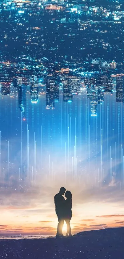 Romantic couple silhouetted against a glowing cityscape at twilight.