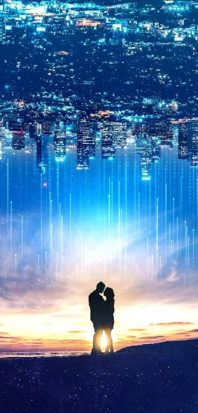 Silhouette of couple with city lights and sunset.