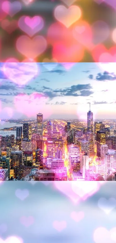 Romantic city skyline with vibrant pink hearts and a beautiful skyline.