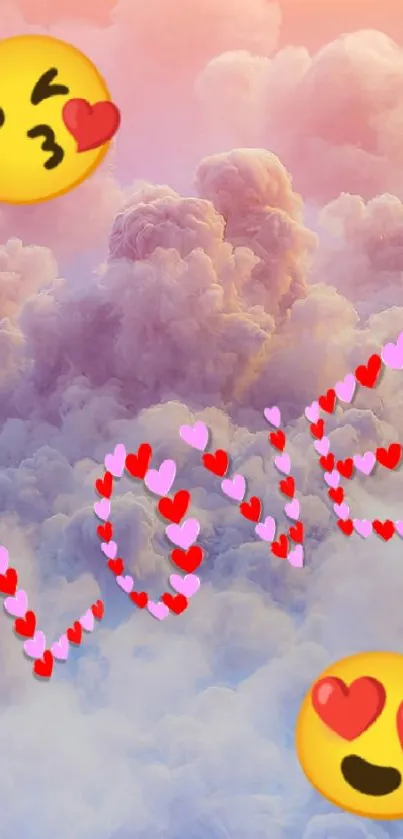 Romantic cloud wallpaper with love emojis.