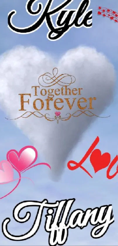 Heart-shaped cloud with love-themed text on a blue sky background.