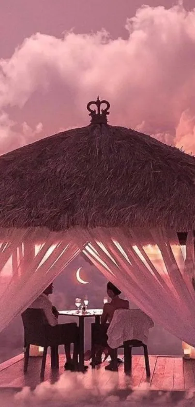 Romantic gazebo among pink clouds at sunset.