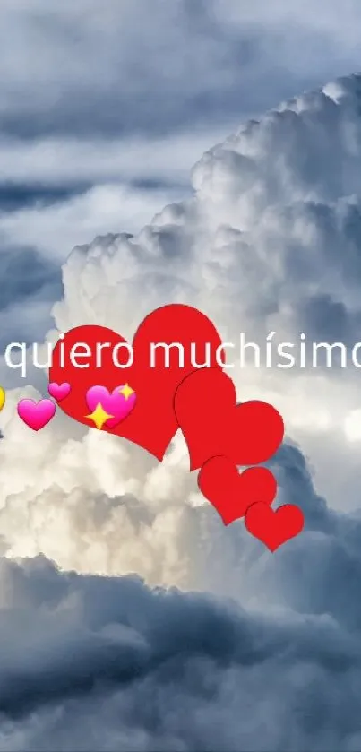 Cloudy sky with hearts and romantic text.