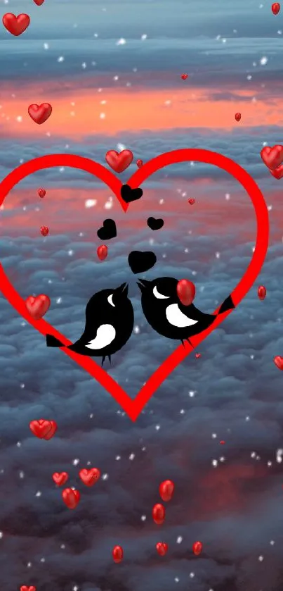 Romantic mobile wallpaper with love birds in a heart over a cloudy sunset sky.