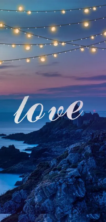 Romantic ocean view with string lights and 'love' text.