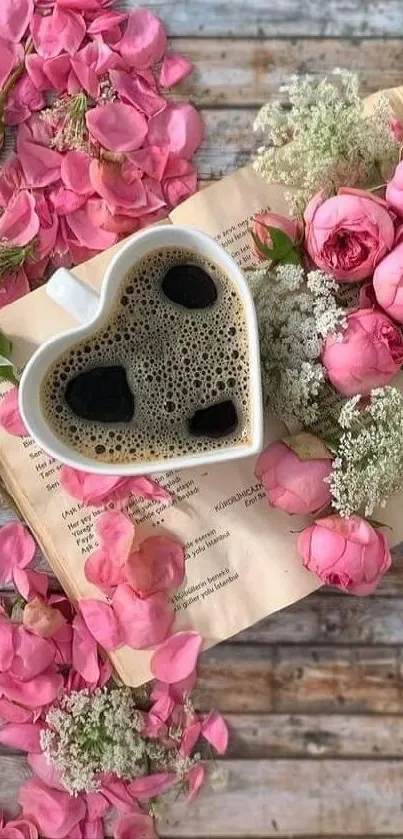 Heart-shaped coffee mug with pink flowers and rustic background.