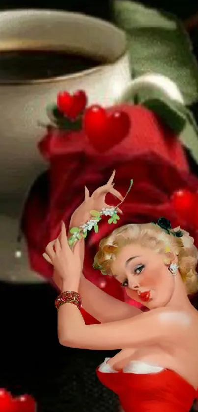 Vintage art wallpaper with red rose, coffee, and romantic pinup girl design.