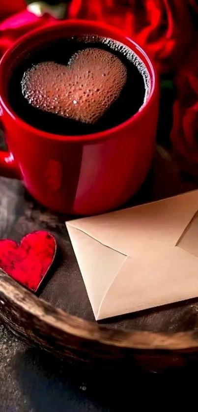 Heart-shaped foam in coffee mug with roses and letter