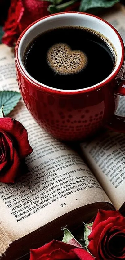 Romantic scene with coffee, roses, and book.