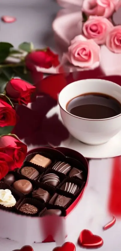 Romantic wallpaper with coffee, roses, and chocolates.