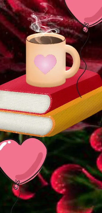 Romantic wallpaper with coffee, books, and heart balloons on a floral background.