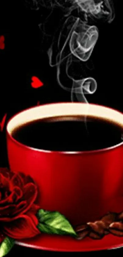 Red coffee cup with steam and roses on a black background.