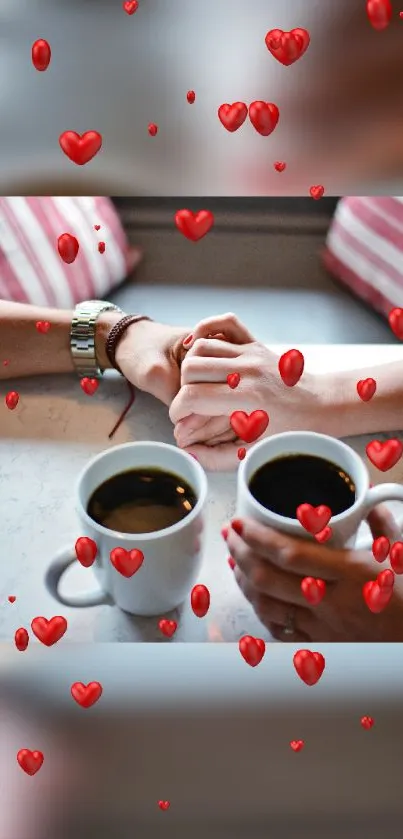 Romantic coffee date with red hearts floating around.