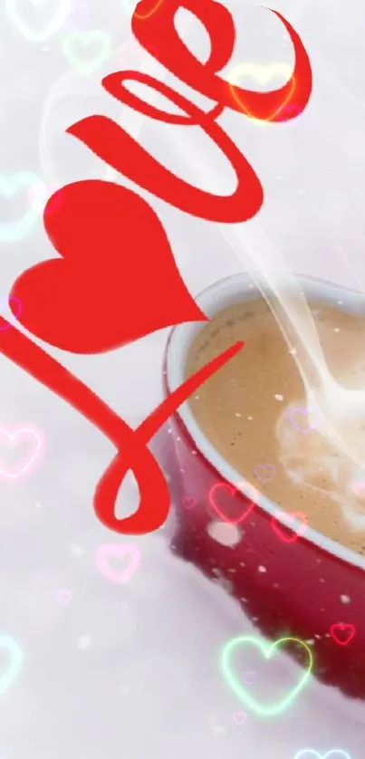 Heart-shaped cup with love design and glowing hearts wallpaper.