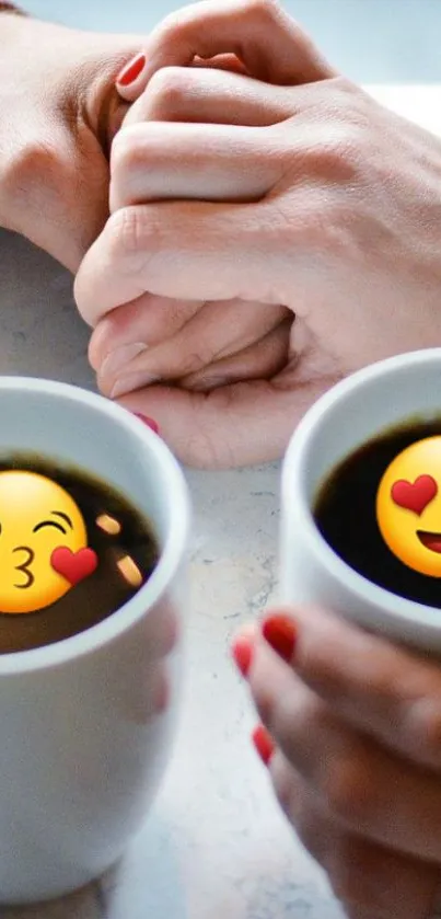 Romantic coffee cups with emojis and couples hands.